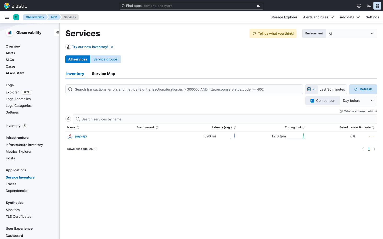 Kibana APM 서비스 목록
