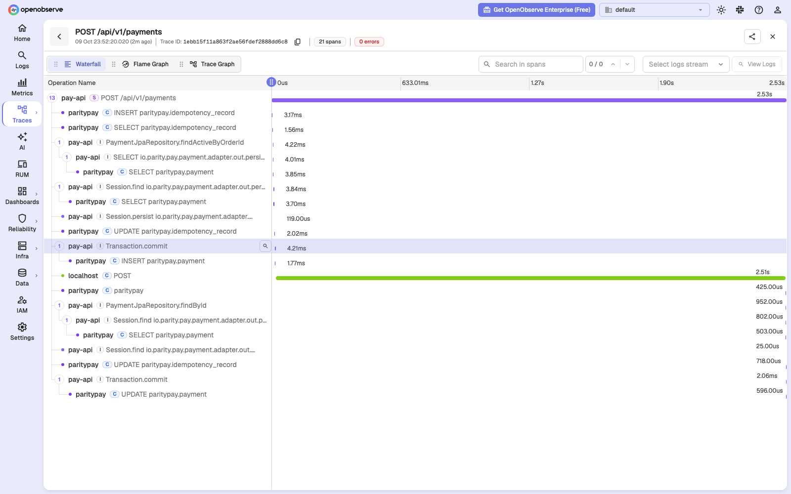 OpenObserve 트레이스 상세